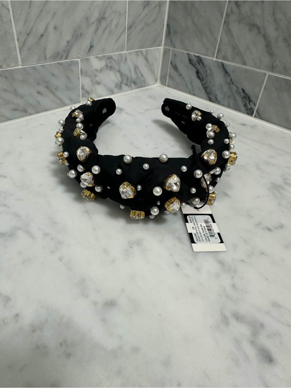 Lele Sadoughi Black Headband with Pearls & Gold Crystals